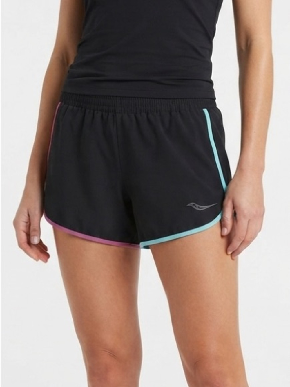 Saucony Women's Black Athletic Shorts with Pink & Teal Trim Size S
